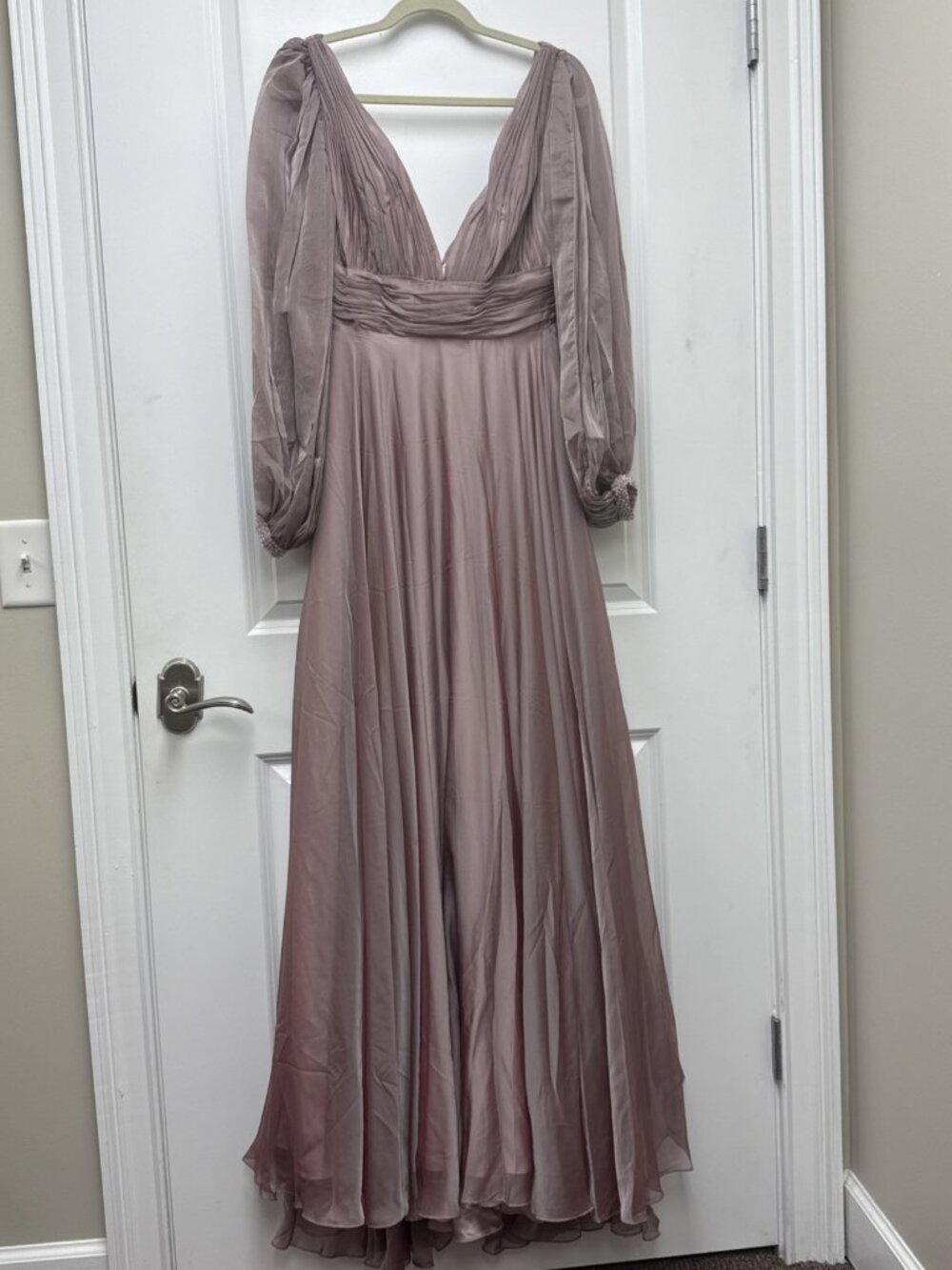 Mac Duggal Size 6 Mauve 67414 Chiffon Gown Dress Cutaway Sleeve Beaded Cuff Prom - Picture 7 of 15